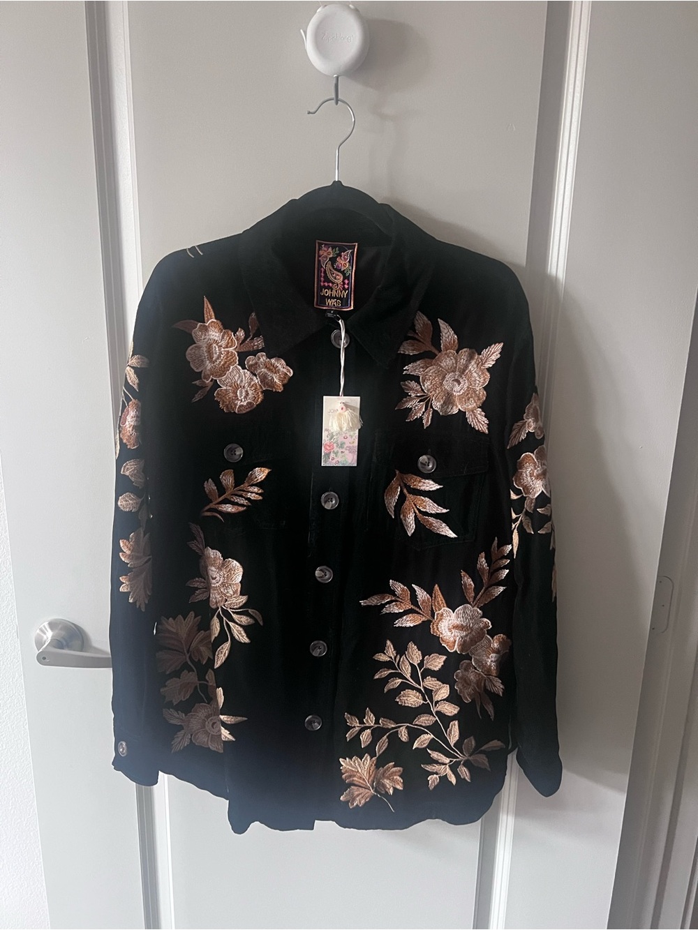 Johnny Was Black Jacket with Metallic Rose-Gold Floral Embroidery